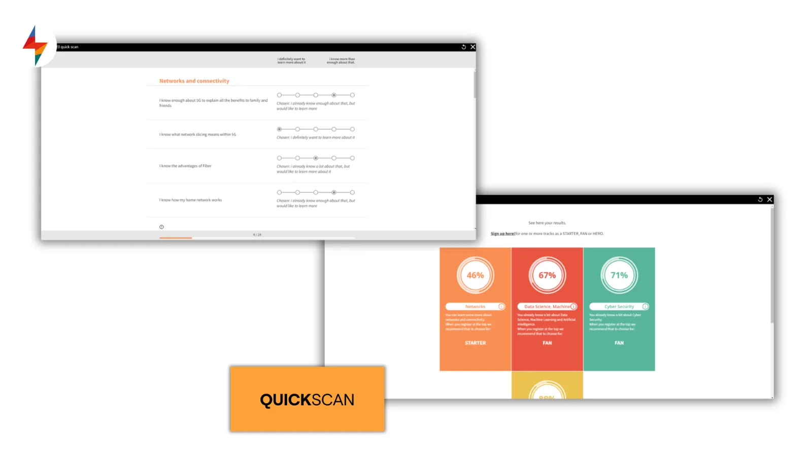 Screenshot of a QUICKSCAN self-assessment with personalized skill results in FLOWSPARKS