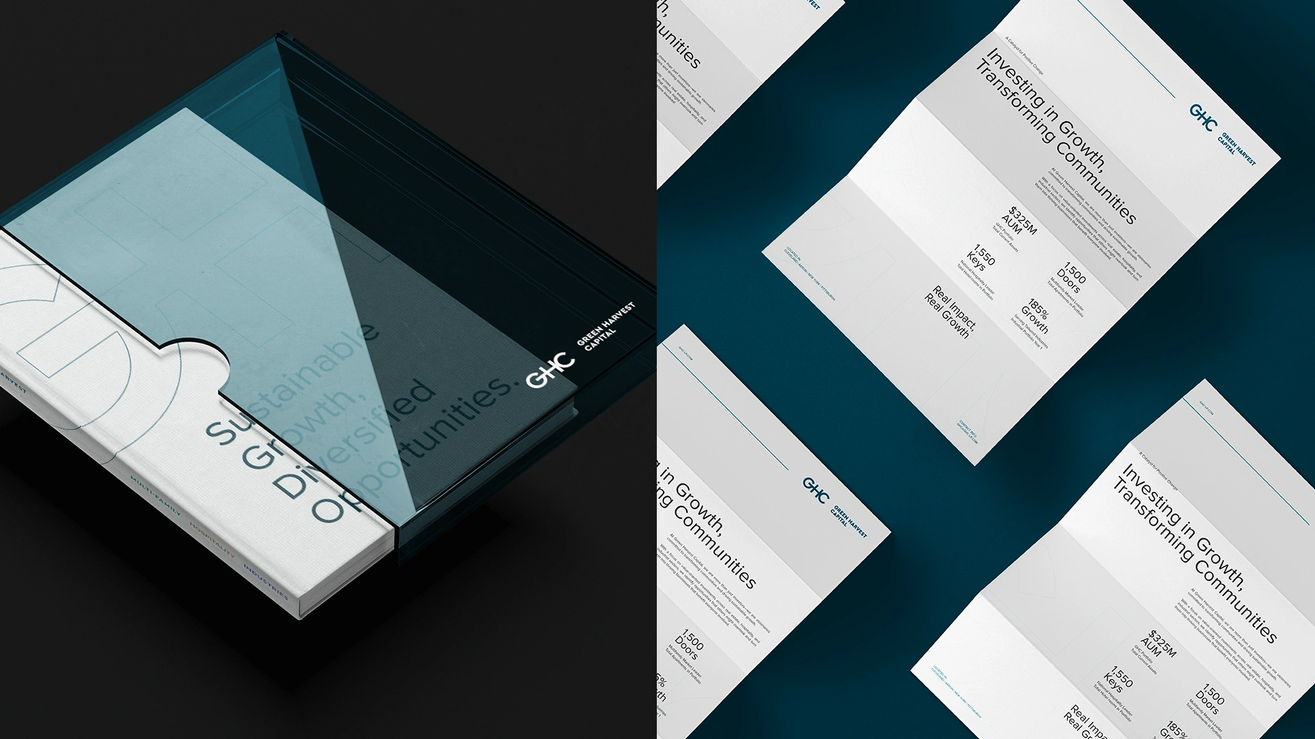 White book titled 'Sustainable Growth, Diversified Opportunities' partially covered by a dark translucent case on the left, and several open brochures titled 'Investing in Growth, Transforming Communities' with statistics and the GHC Green Harvest Capital logo on the right against a dark background.
