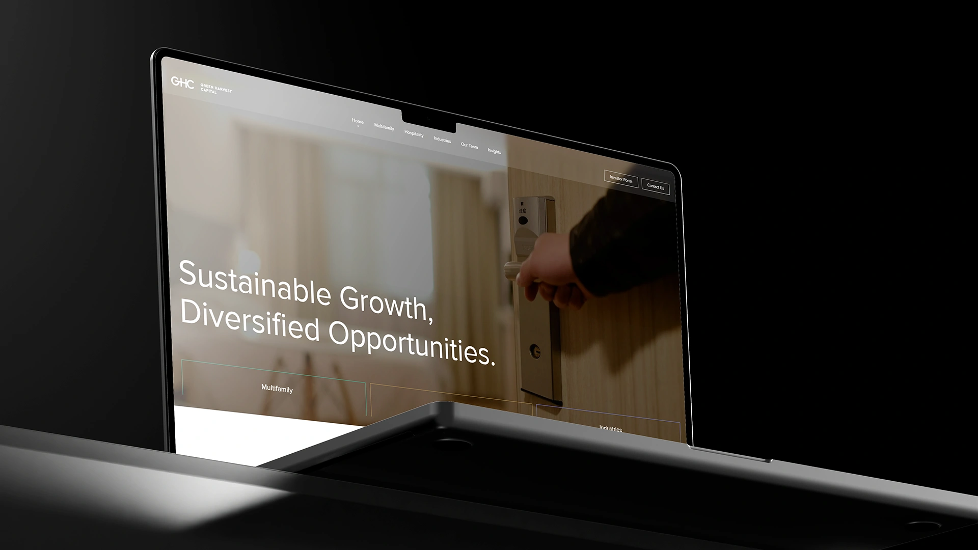 Laptop screen displaying a website with the text 'Sustainable Growth, Diversified Opportunities' and a hand opening a door.