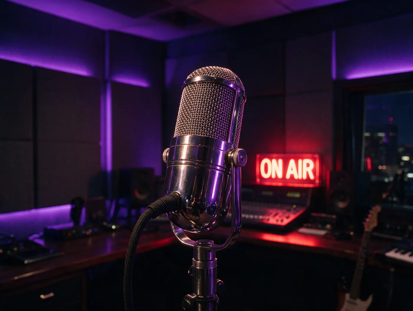 Vintage broadcast microphone in a radio studio