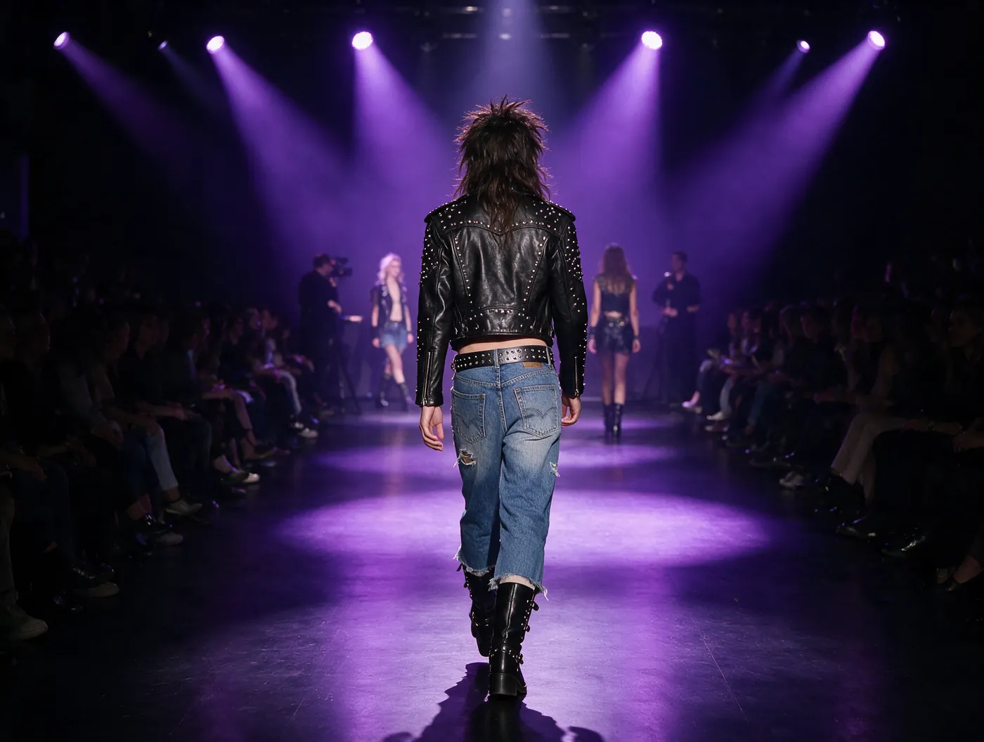 Rock-inspired fashion on a runway under purple spotlights