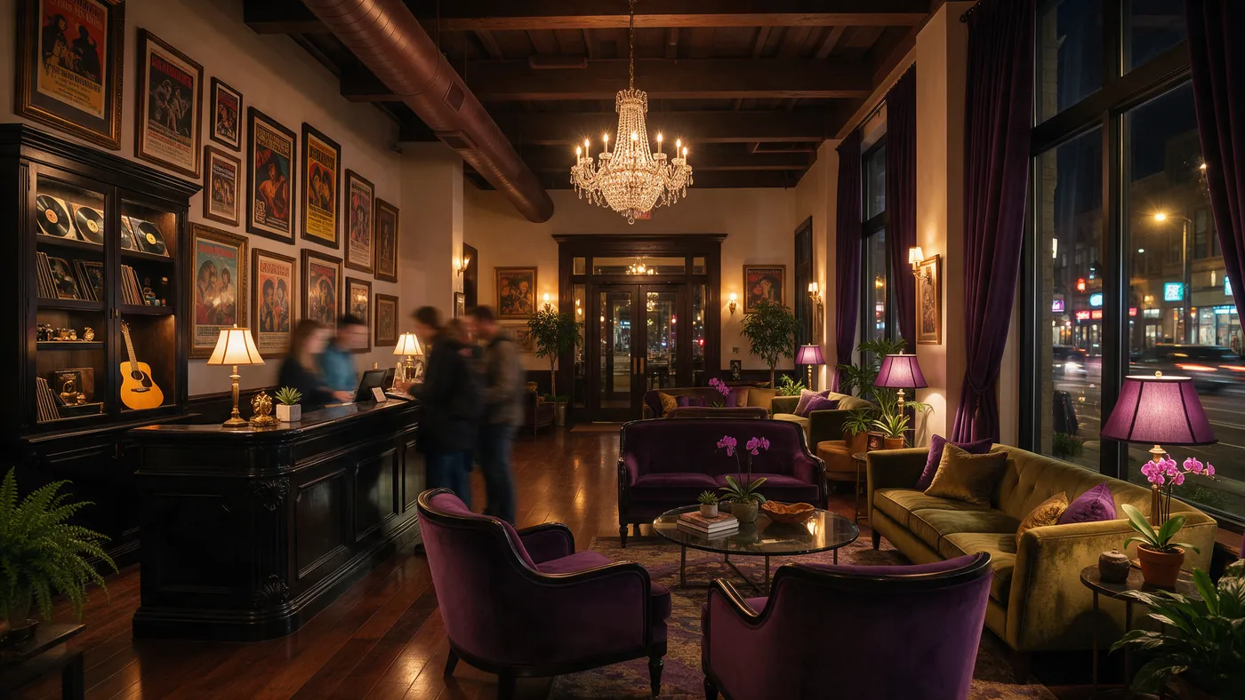 Boutique hotel lobby at night with music decor