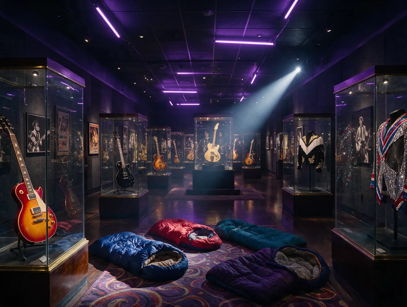 Flashlight beam in a dark music museum gallery at night