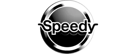 Black and white circular logo with the word 'Speedy' in the center.