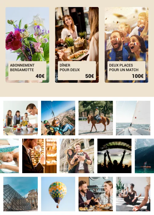 Three promotional cards showing a flower subscription for 40€, dinner for two for 50€, and two tickets for a match for 100€, accompanied by various images of people enjoying activities like cooking, skydiving, horseback riding, sailing, relaxing, sightseeing, and yoga.