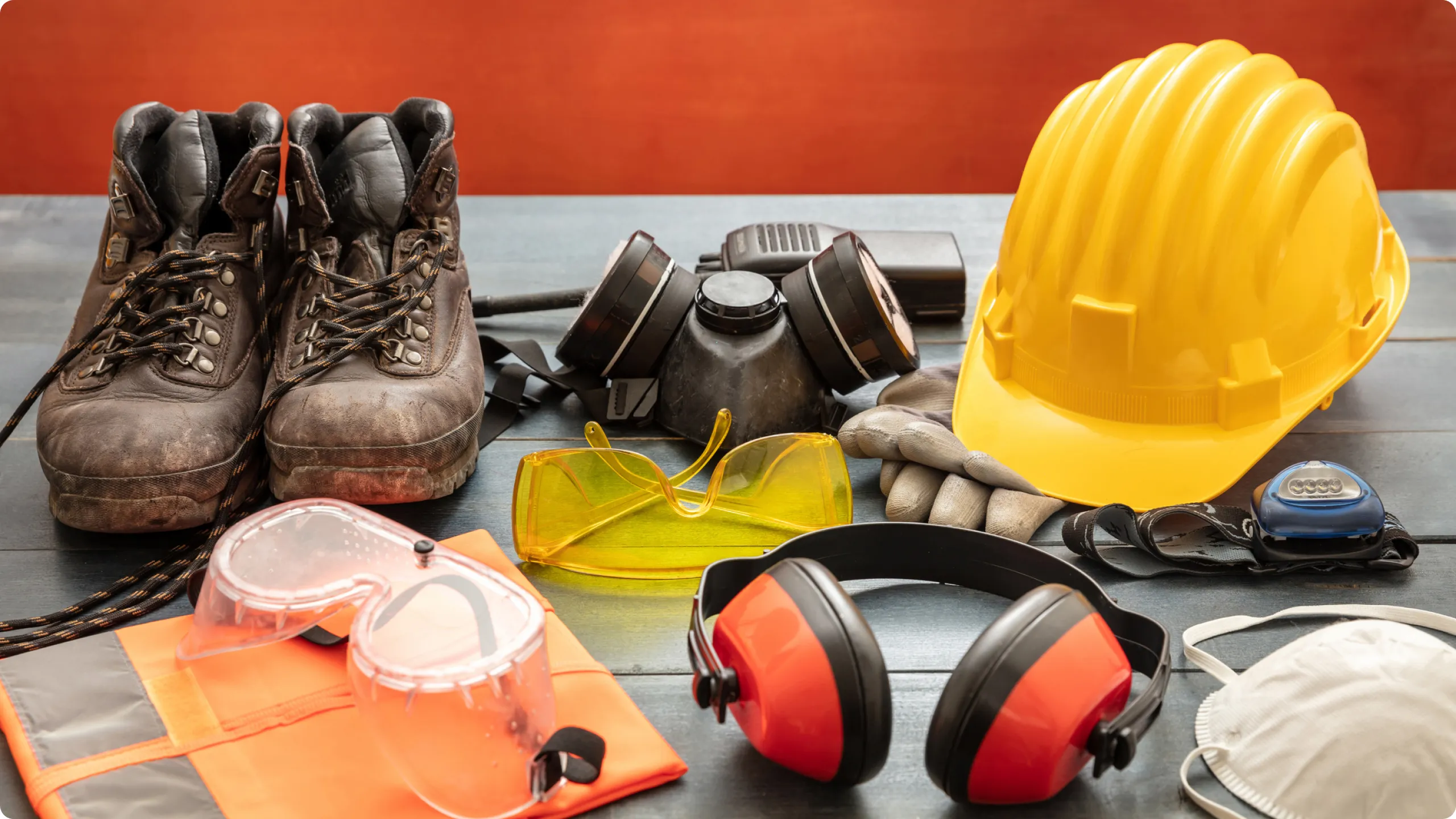 Collection of personal protective equipment including work boots, yellow hard hat, gloves, safety goggles, respirator mask, ear muffs, and a headlamp on a wooden surface.