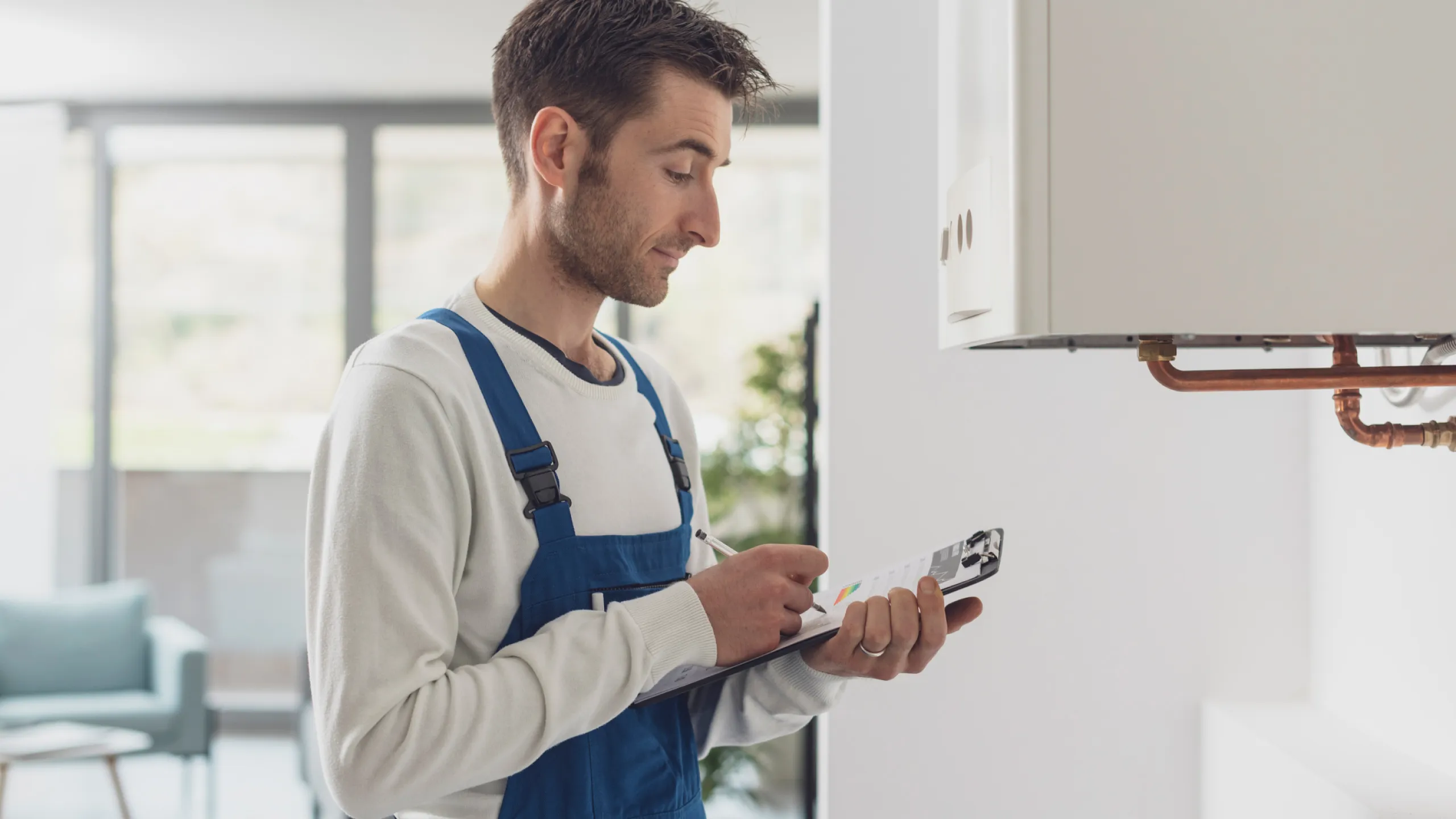 Technician in blue overalls inspecting and taking notes on a clipboard near a wall-mounted boiler in a modern home.