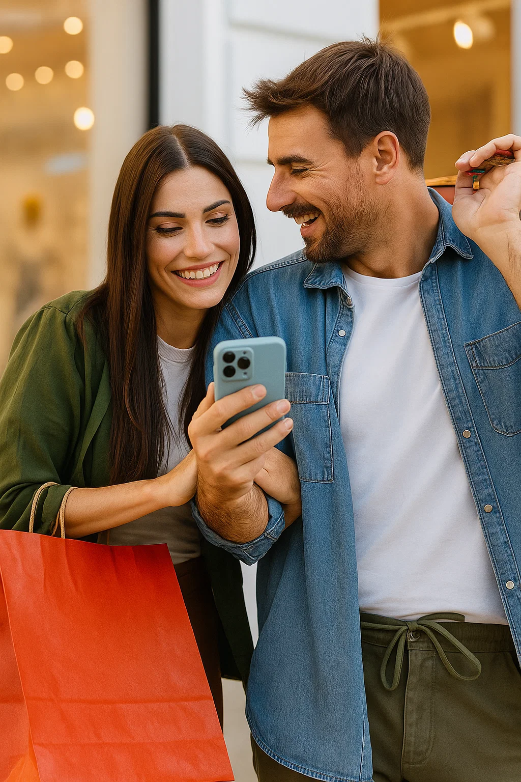 Smiling couple looking at a smartphone together while shopping, holding a red shopping bag.