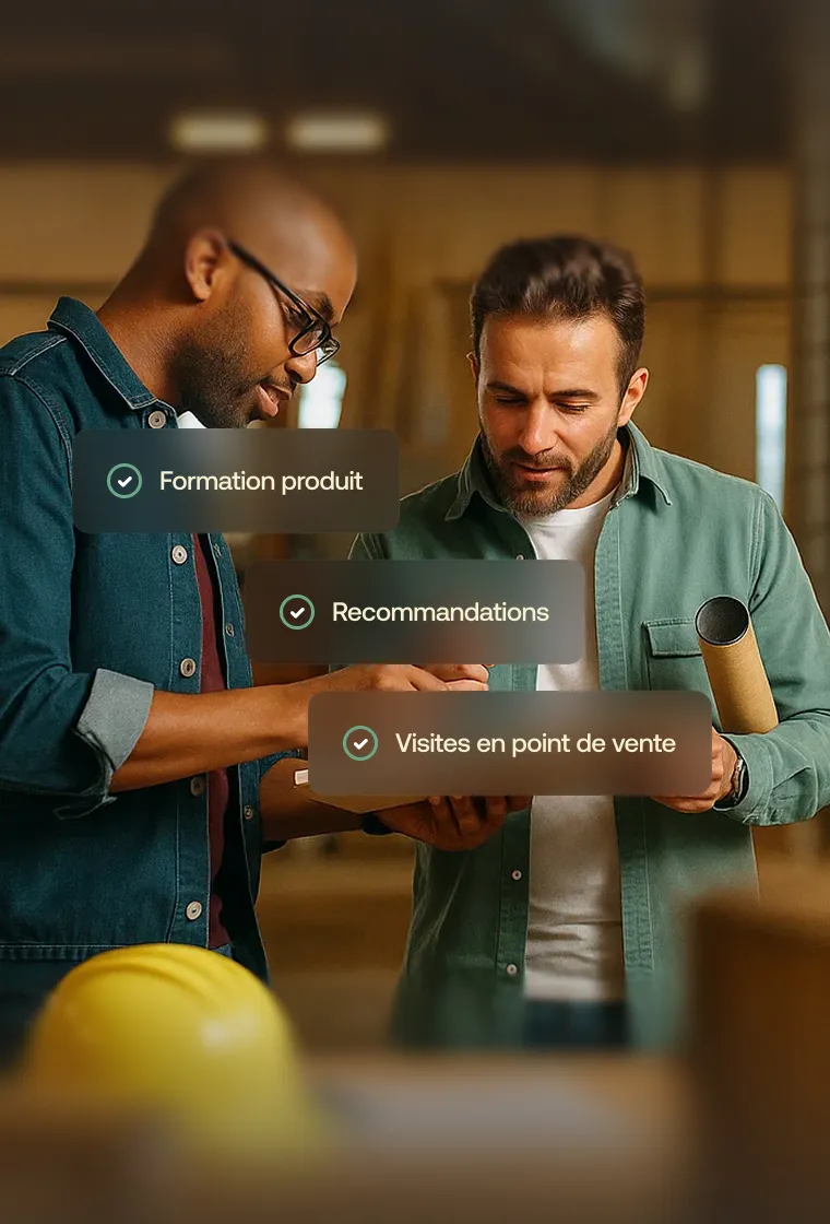 Two men discussing plans while holding a clipboard and a cylindrical container in a construction setting with a yellow hard hat in the foreground.