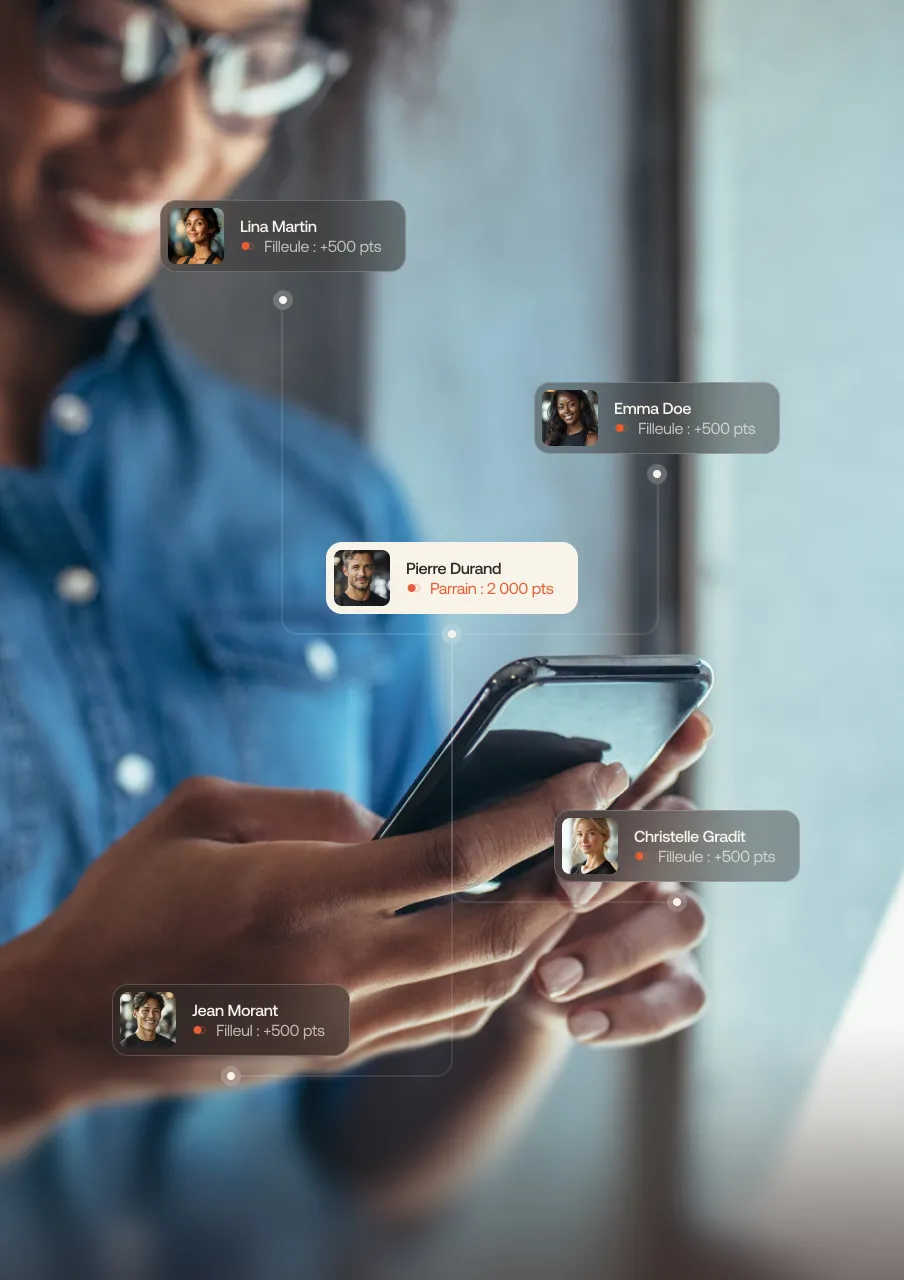 Close-up of a person holding a smartphone with overlay showing a referral points system linking five individuals named Pierre Durand, Lina Martin, Emma Doe, Christelle Gradit, and Jean Morant.