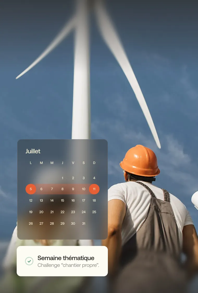 Worker wearing an orange hard hat and overalls looking up at a large wind turbine under a clear blue sky, with a translucent calendar overlay showing July 5 to 11 highlighted and a note about a themed week challenge.