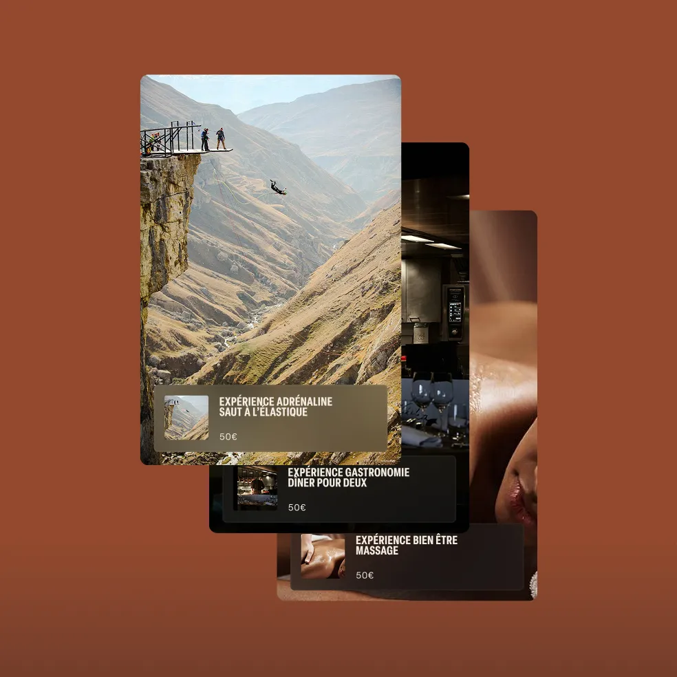 Three experience cards on a brown background showing adventure bungee jumping, gourmet dinner for two, and a spa massage, each priced at 50€.