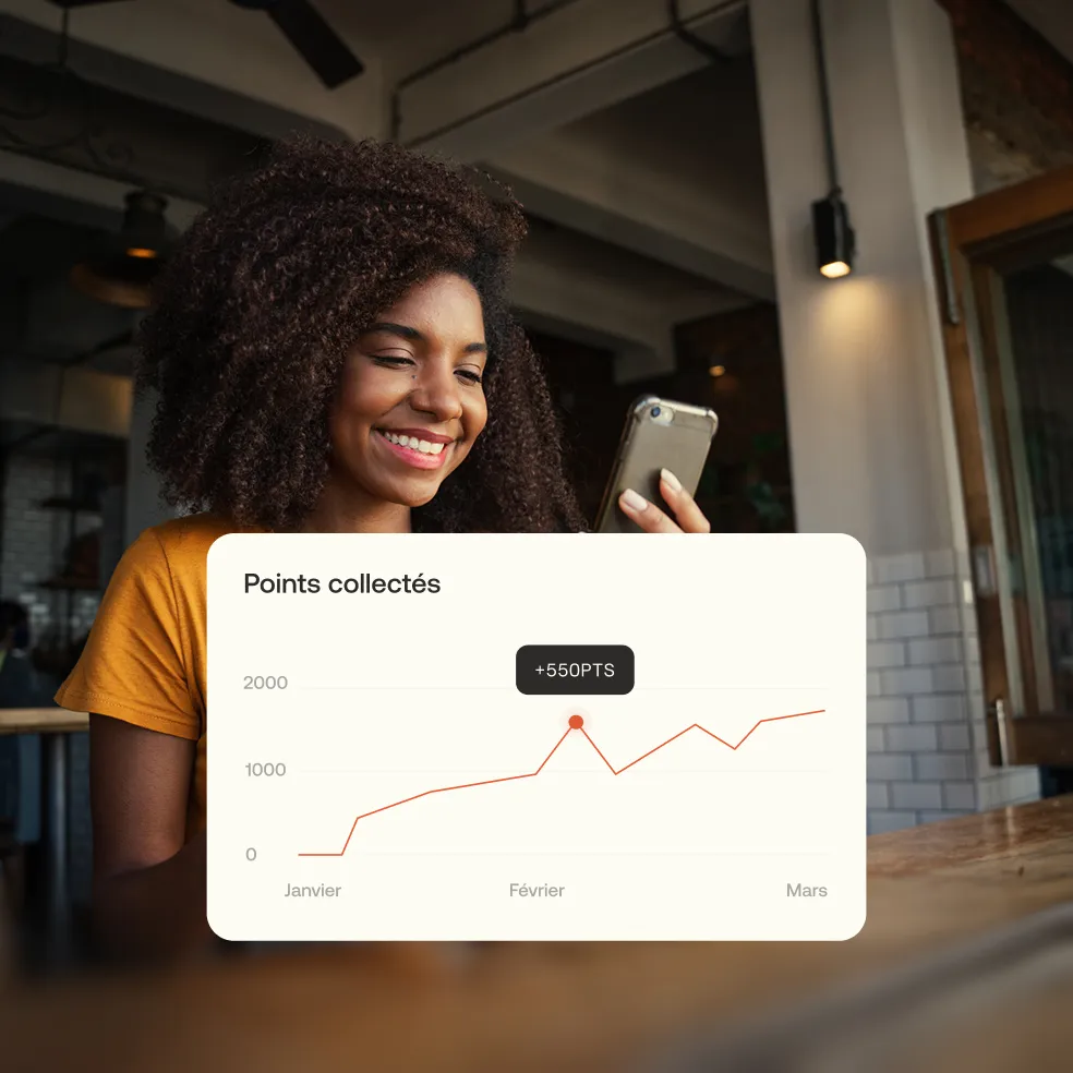Smiling woman looking at her phone with a superimposed graph showing points collected from January to March, peaking at 550 points in February.