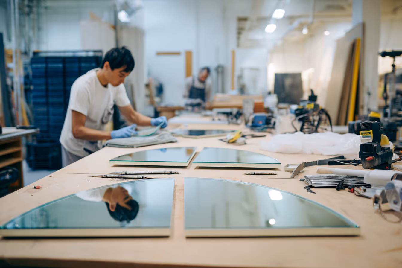 A behind-the-scenes look at a custom mirror workshop and installation service, combining craftsmanship and professionalism. In the foreground, a skilled fabricator works on a uniquely shaped mirror--perhaps an arched or abstract design--on a clean workbench, surrounded by tools, glass sheets, and edge polishing equipment. In the background or adjacent panel, a second scene shows a professional installer carefully positioning a large mirror on a wall, using precision tools and protective gloves. Include subtle elements like labelled materials (glass, acrylic, polycarbonate), edge samples (bevelled, polished), and safe, professional mounting equipment. Emphasize quality, bespoke service, and flawless finish