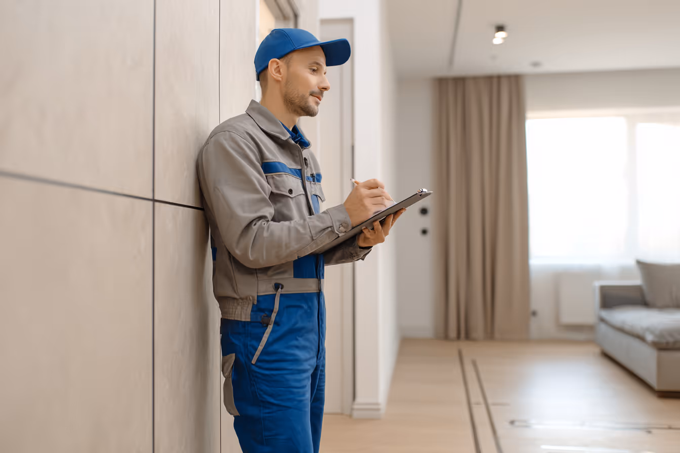 A professional mirror surveyor conducting on-site measurements in a modern home interior. The surveyor, dressed in branded workwear with a clipboard or tablet, is carefully measuring a large wall using a laser distance measurer. The room features clean lines, neutral tones, and has space clearly marked out for a custom mirror installation. Include visual cues like measurement tools, sketches, and annotations on a digital device. The atmosphere should convey precision, professionalism, and customer reassurance