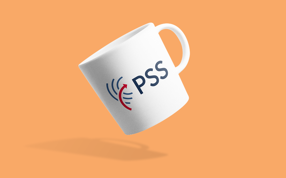 White coffee mug with PSS logo featuring a red arrow and blue sound waves on an orange background.