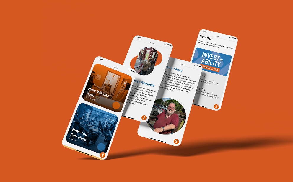 Four smartphone screens displaying different app pages about volunteer opportunities, stories, and events on an orange background.