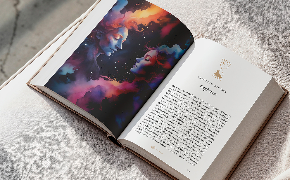 Open book showing Chapter Twenty Four titled 'Forgiveness' with an hourglass illustration and a colorful artistic image of two cosmic faces on the left page.