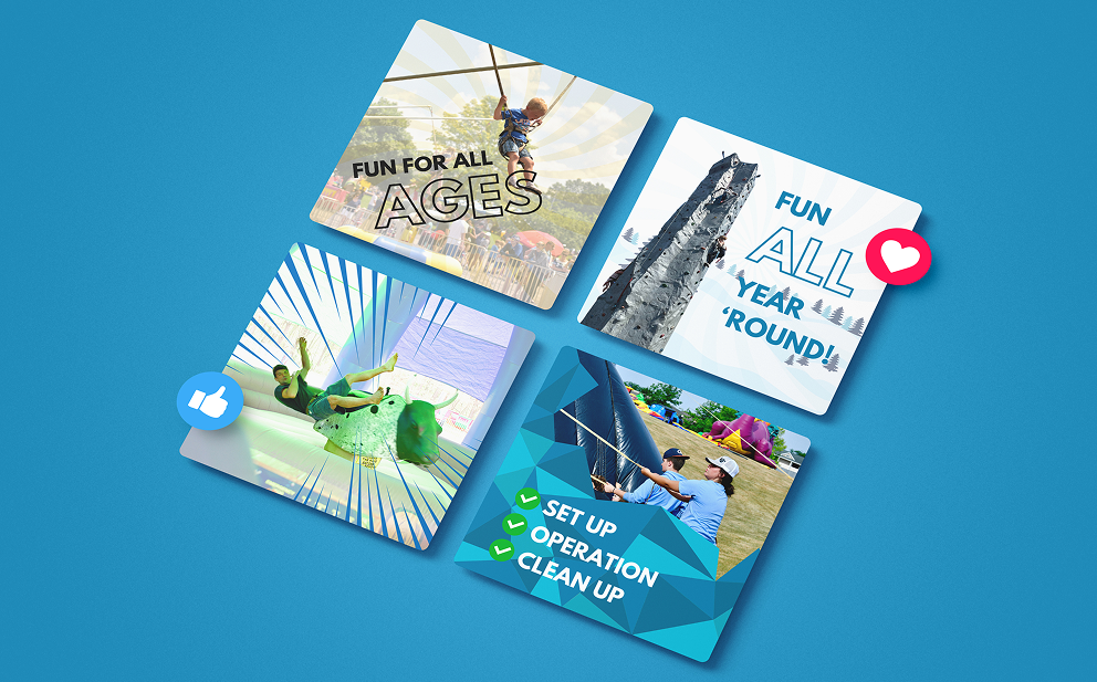 Collage of four images with text showing a child ziplining with text 'Fun for all ages', a climbing wall with text 'Fun all year 'round!', a person jumping on a mechanical bull with a thumbs-up icon, and two people pulling a rope with checklist 'Set up, Operation, Clean up'.