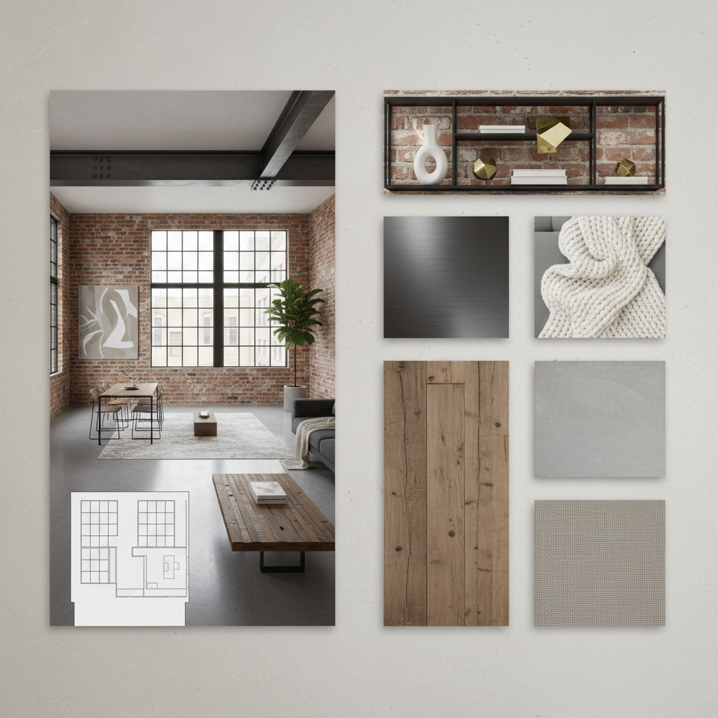 Industrial chic living room with exposed brick and large windows