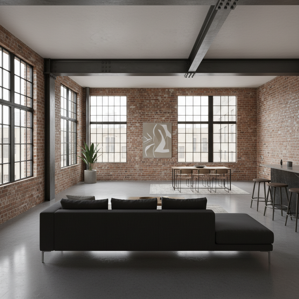 Open-plan loft with high ceilings and industrial lighting