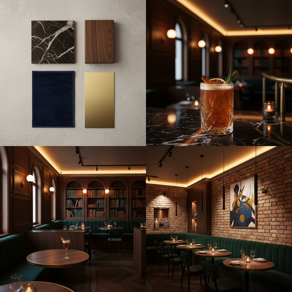 A sophisticated, dimly lit restaurant interior with elegant seating, rich textures, and subtle thematic elements, embodying a non-cheesy themed dining experience.