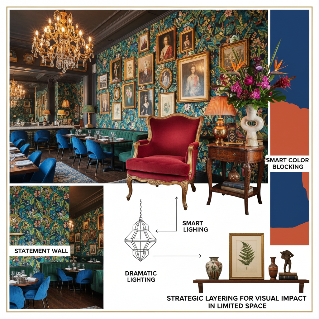 Vibrant maximalist restaurant interior with rich colors and textures