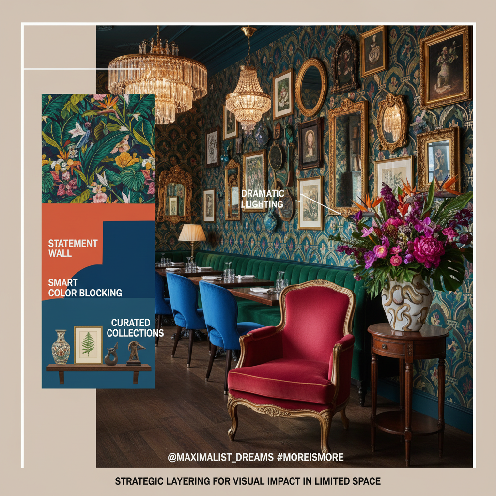 Luxurious and eclectic dining area with patterned wallpaper and ornate decor