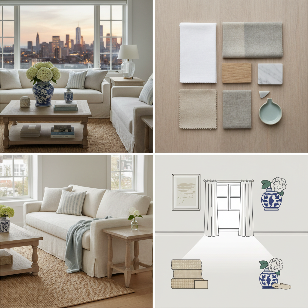 Hamptons style living room with light colors and natural light