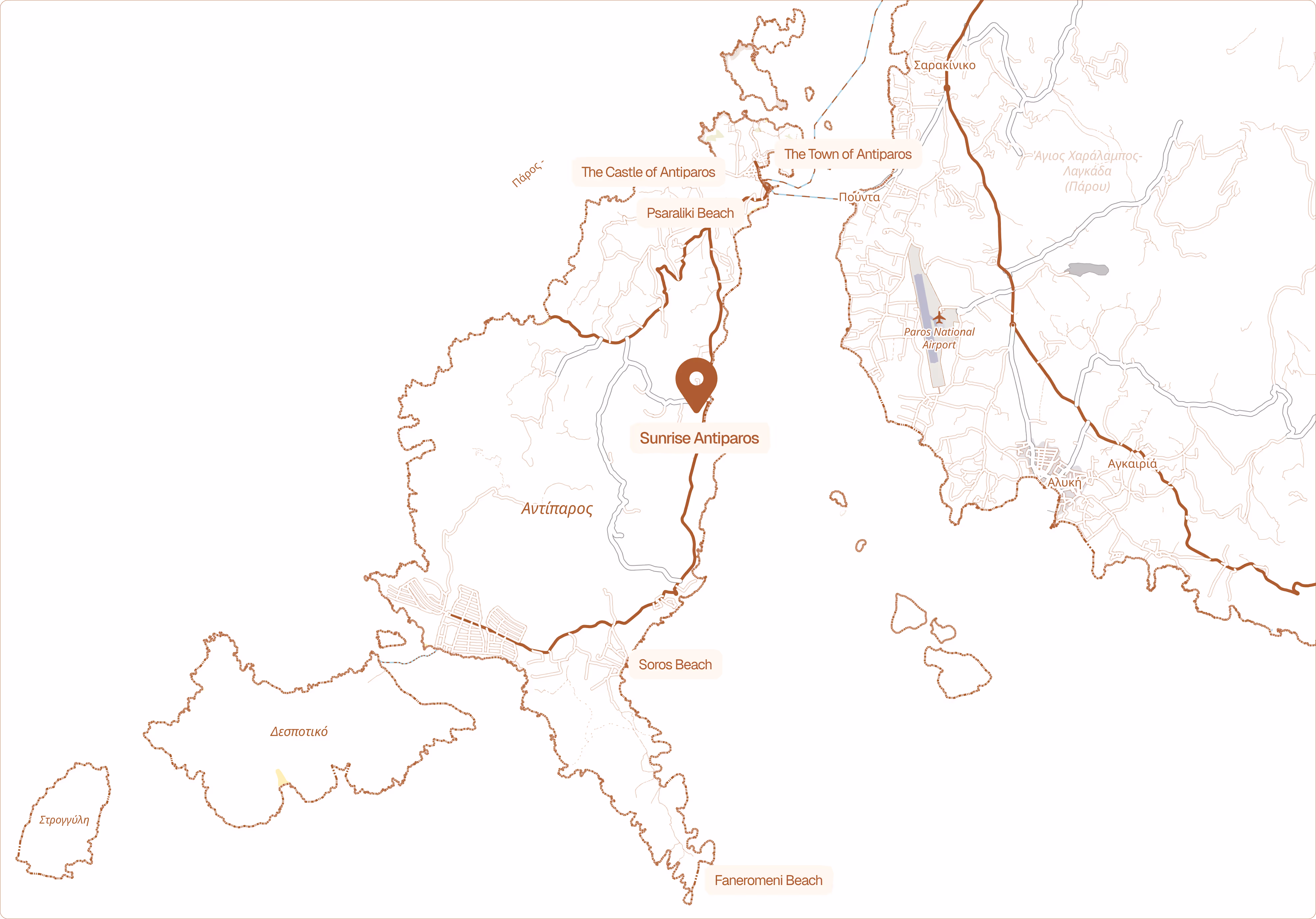 Map highlighting Sunrise Antiparos on Antiparos island with nearby locations including The Castle of Antiparos, Psaraliki Beach, Soros Beach, and Faneromeni Beach, and showing part of Paros island with Paros National Airport.