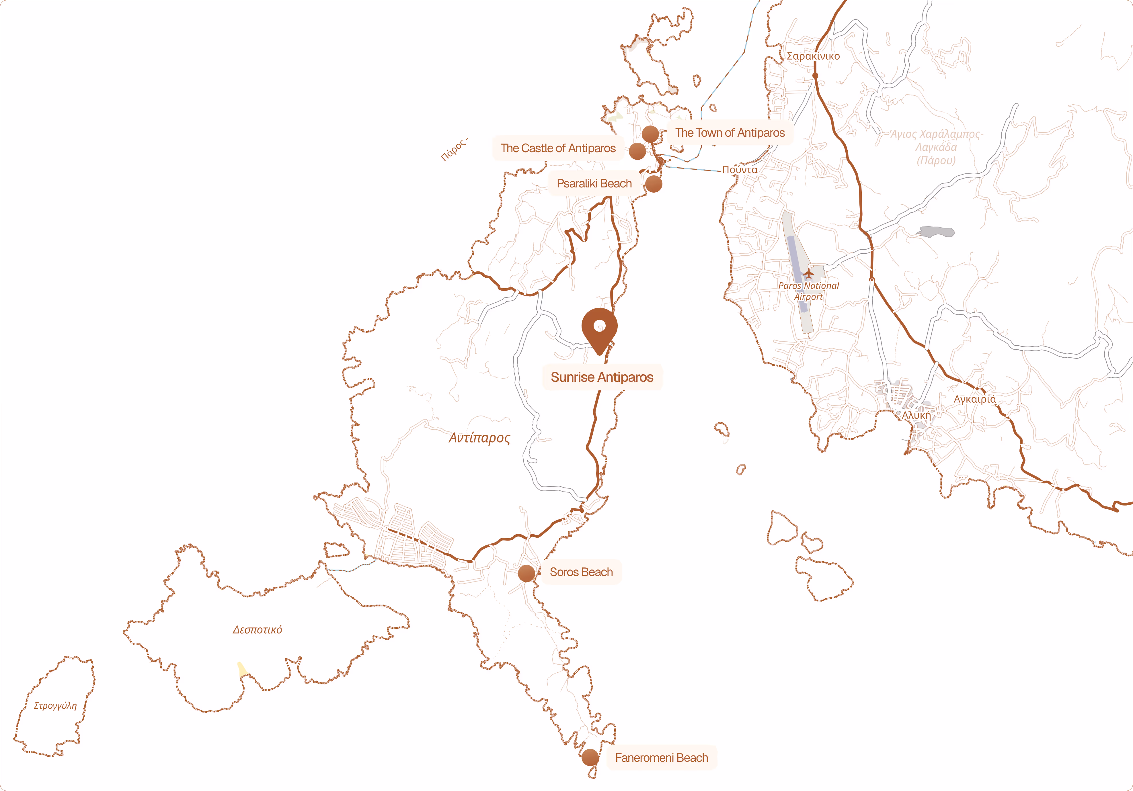 Map showing Antiparos island with marked locations: The Castle of Antiparos, The Town of Antiparos, Psaraliki Beach, Sunrise Antiparos, Soros Beach, and Faneromeni Beach, near Paros National Airport.