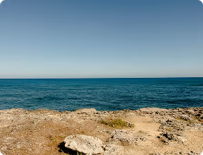 Rocky shoreline with blue sea and clear sky in the background.