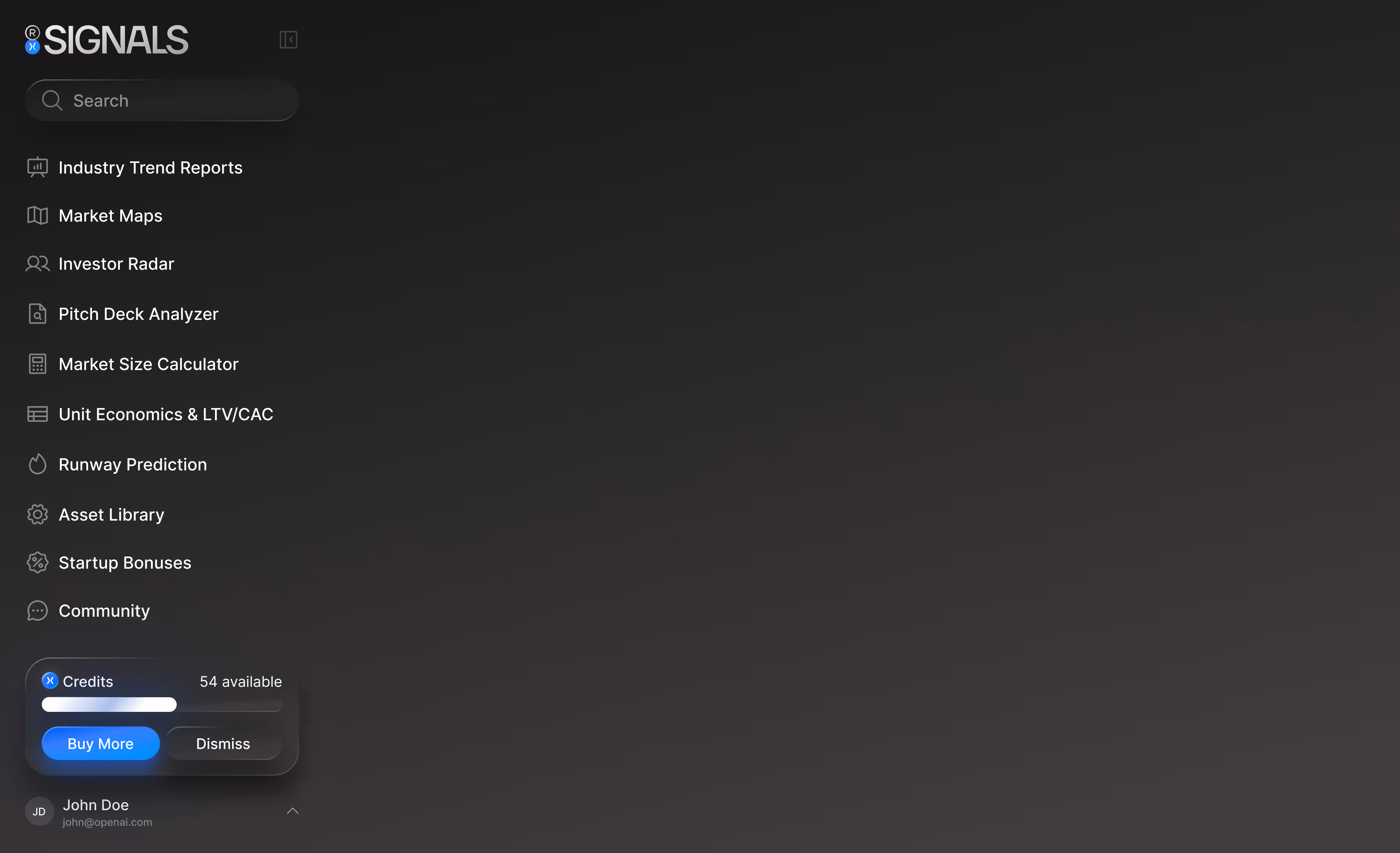 SIGNALS platform dashboard interface – A comprehensive startup intelligence workspace featuring market research, fundraising tools, and venture logic modules for data-driven founders