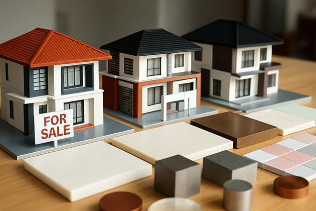 Three Model homes One with a for sale sign in the front