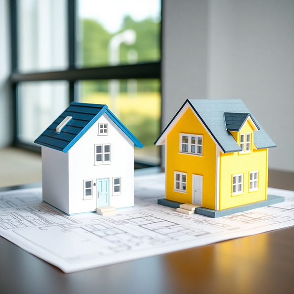 Two Model homes one yellow one white on a floor plan