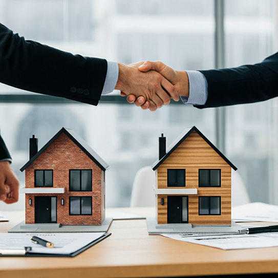 Two model homes with two people shaking hands above it