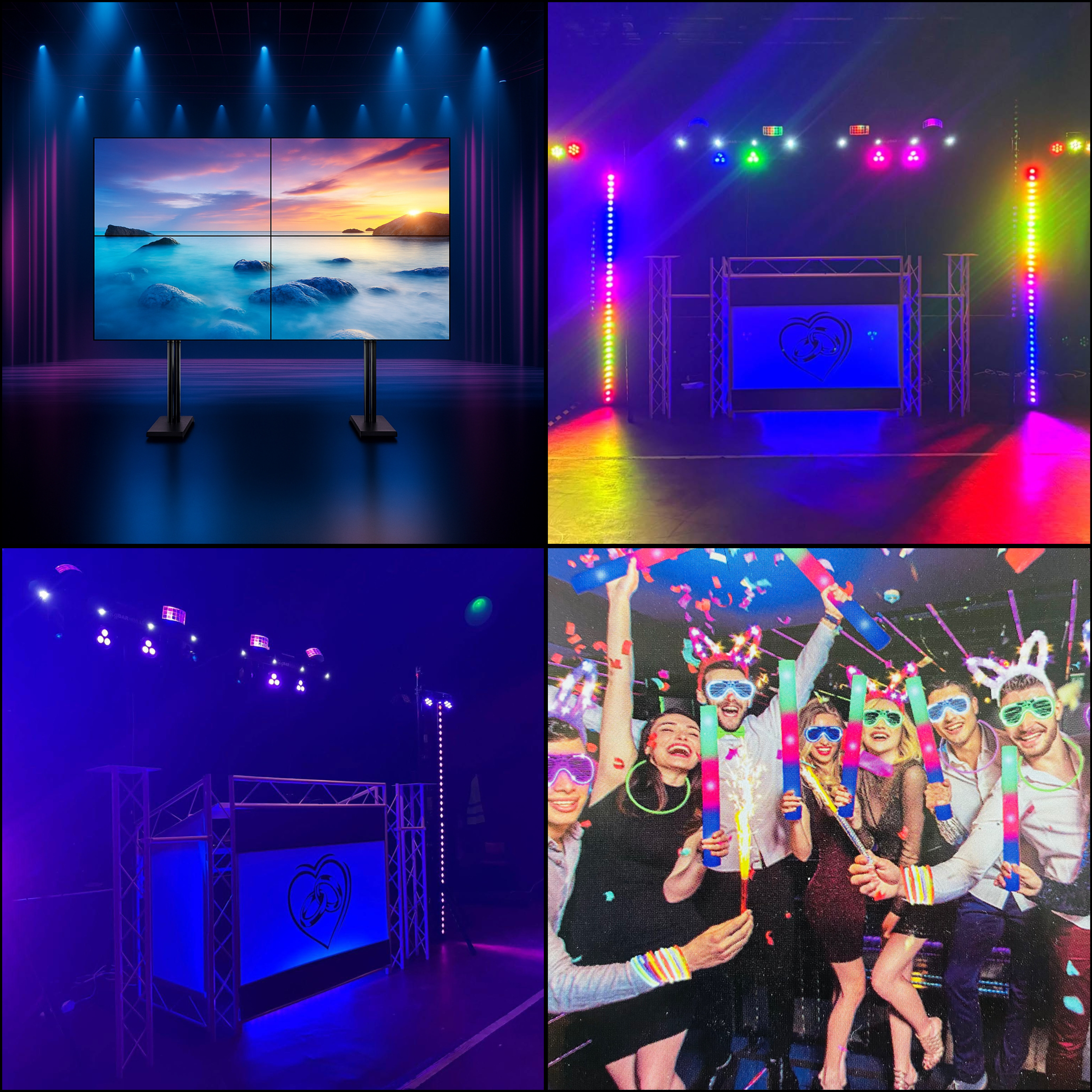 Collage of four images showing event lighting setups with colorful lights and a joyful group of people celebrating with glow sticks and confetti.