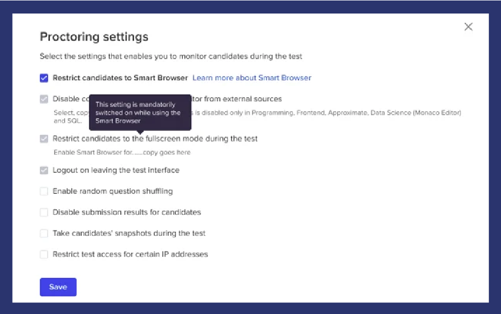 Screenshot of HackerEarth's Proctoring settings, showing different controls hiring teams have to manage cheating prevention