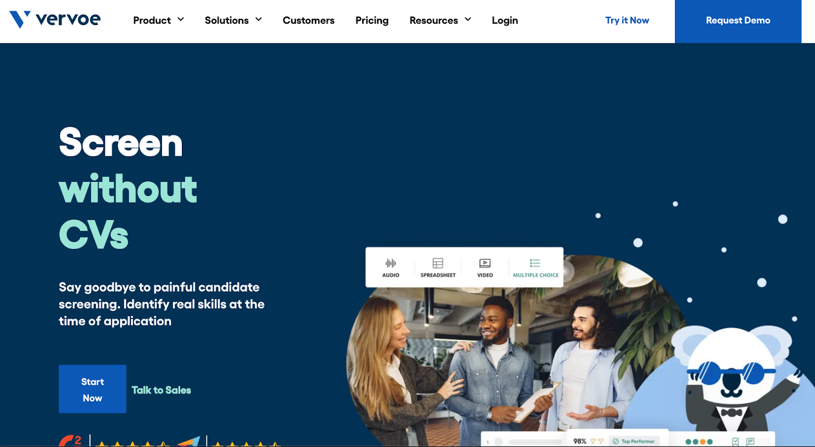 Vervo's homepage showcases their CV-free candidate screening platform