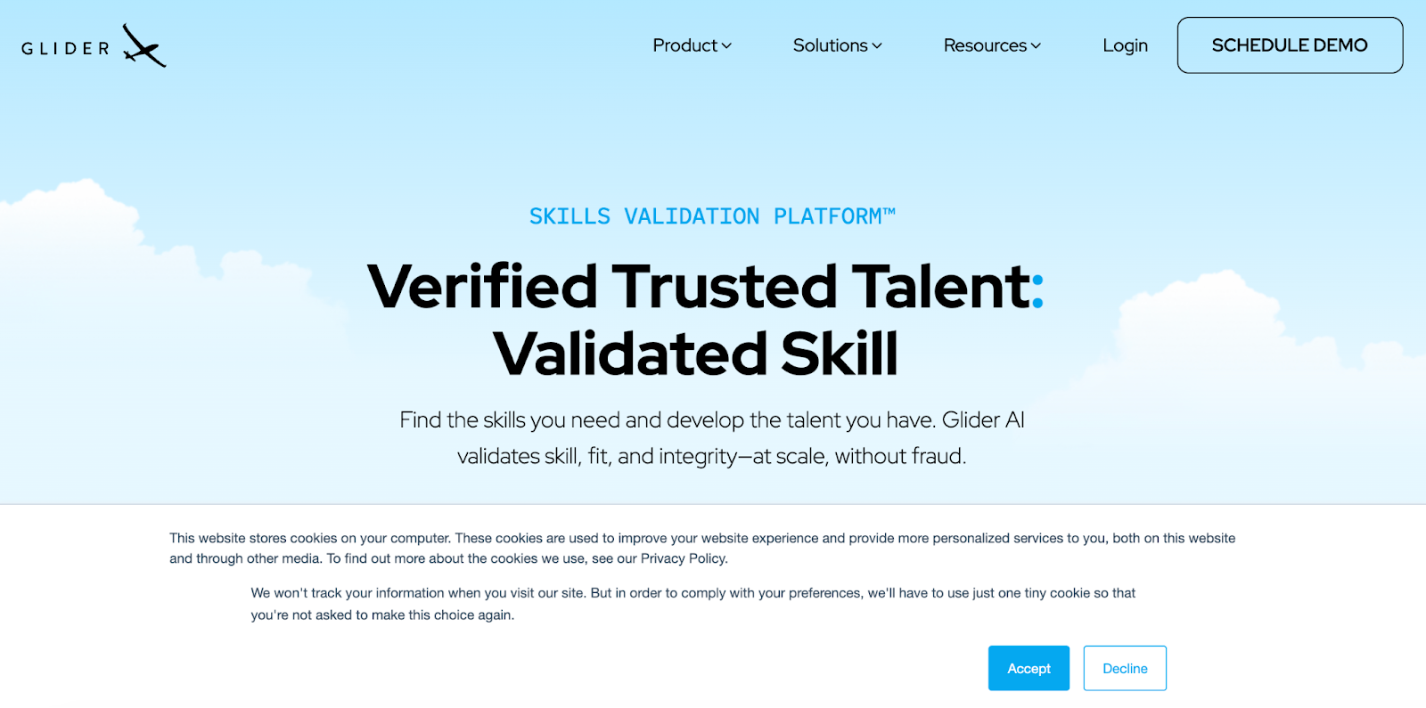 Glider AI homepage, indicating a skill validation platform