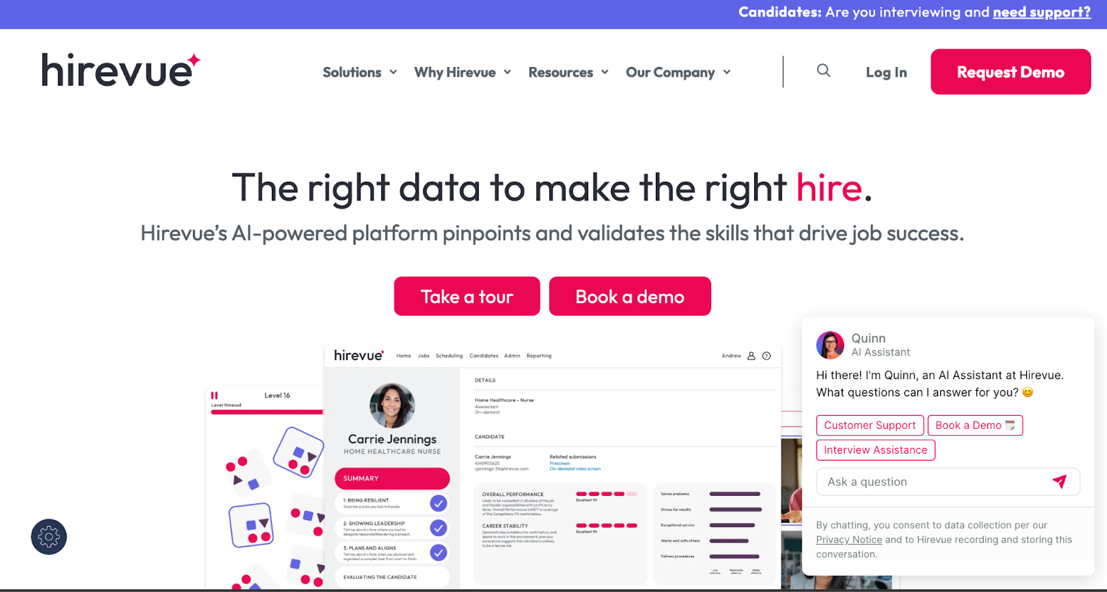 HireVue's homepage showing their sourcing tool for recruiters