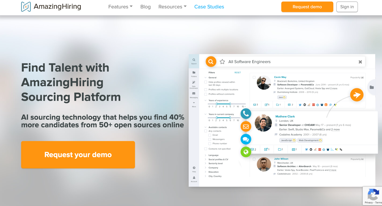 AmazingHiring Sourcing Platform demo page