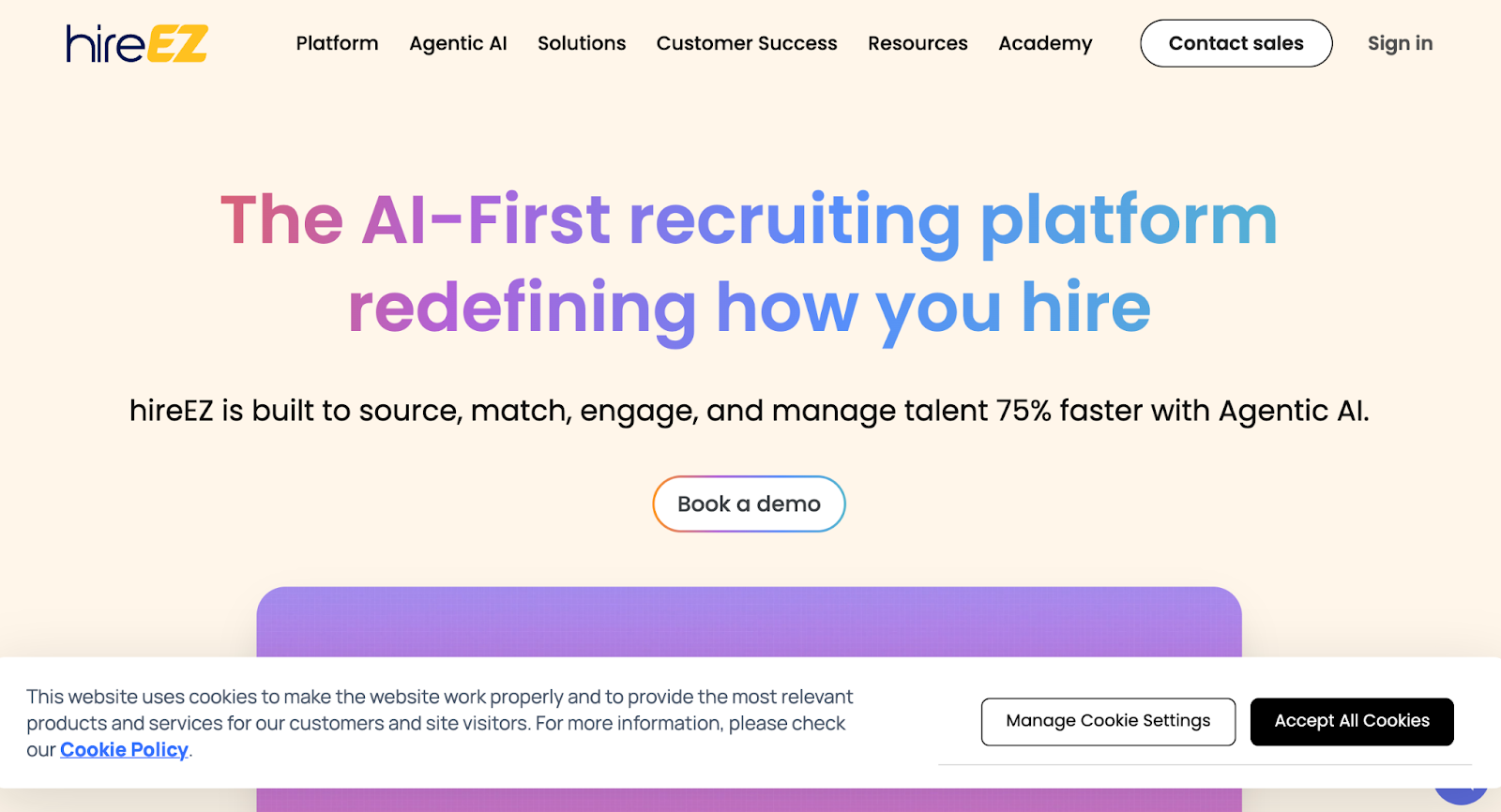 HireEZ website homepage with a "Book a demo" button.