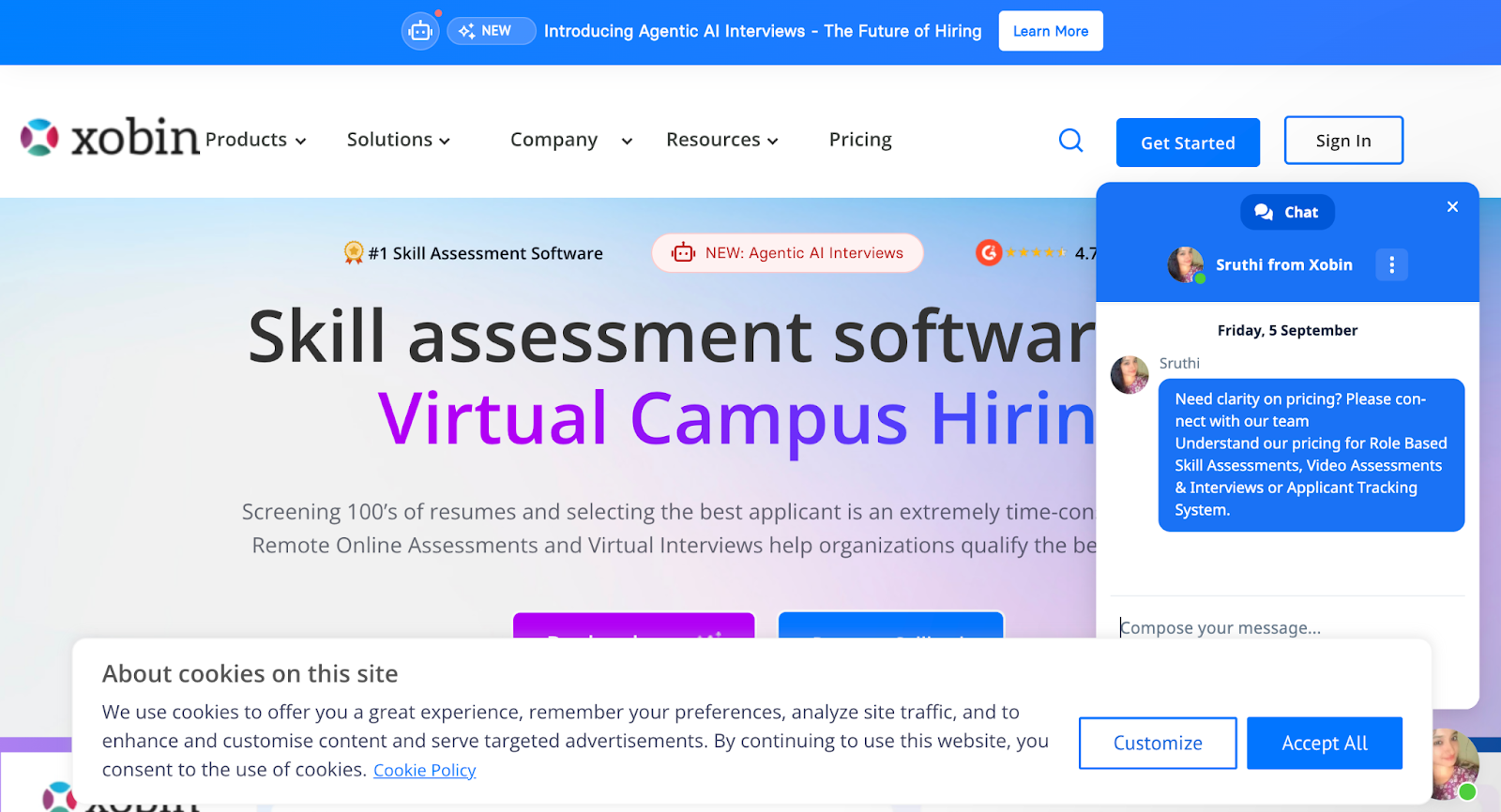Xobin homepage with "Skill assessment software" and chat pop-up