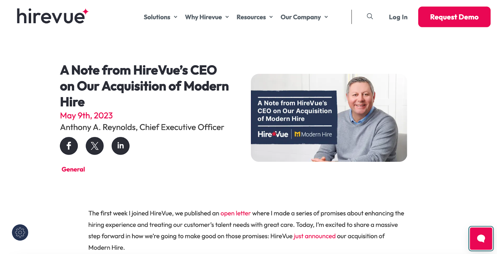 HireVue CEO’s note on acquiring Modern Hire, May 2023