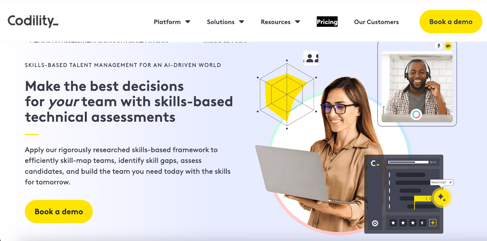 Codility homepage showing skills-based assessments and tech hiring tools