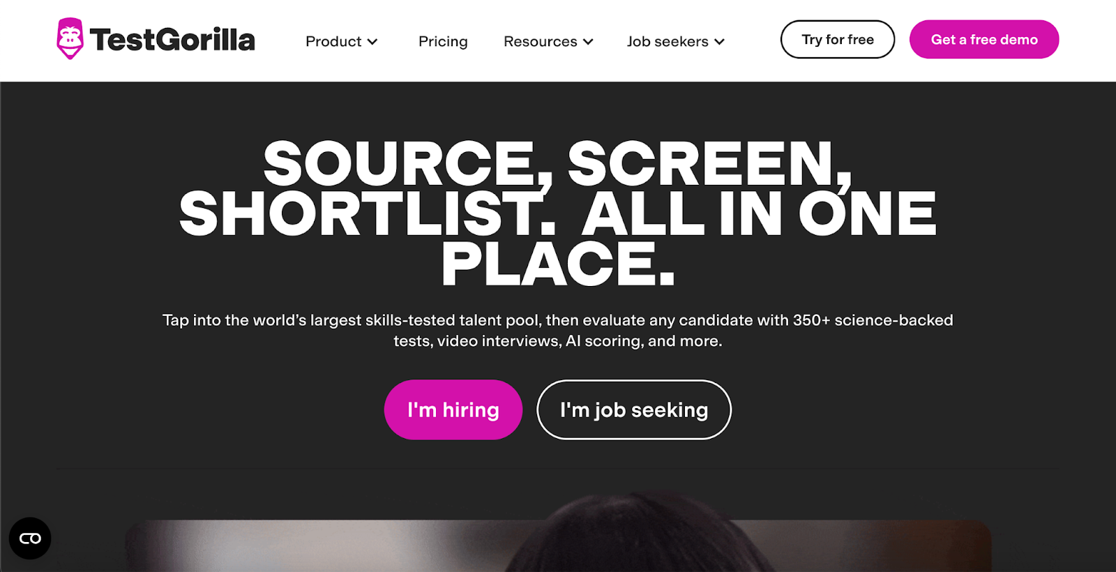 TestGorilla homepage featuring AI-powered talent sourcing and assessments