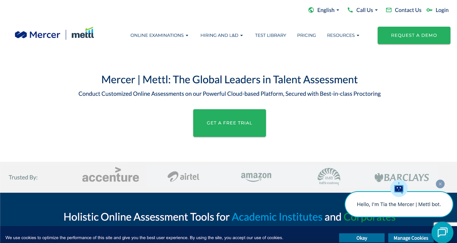 Mettl homepage displaying online assessments and skill evaluation tools