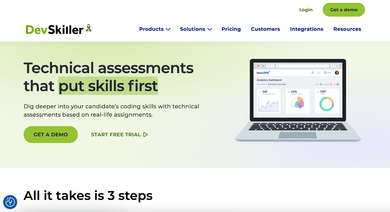 DevSkiller technical assessments page with skills tests and features