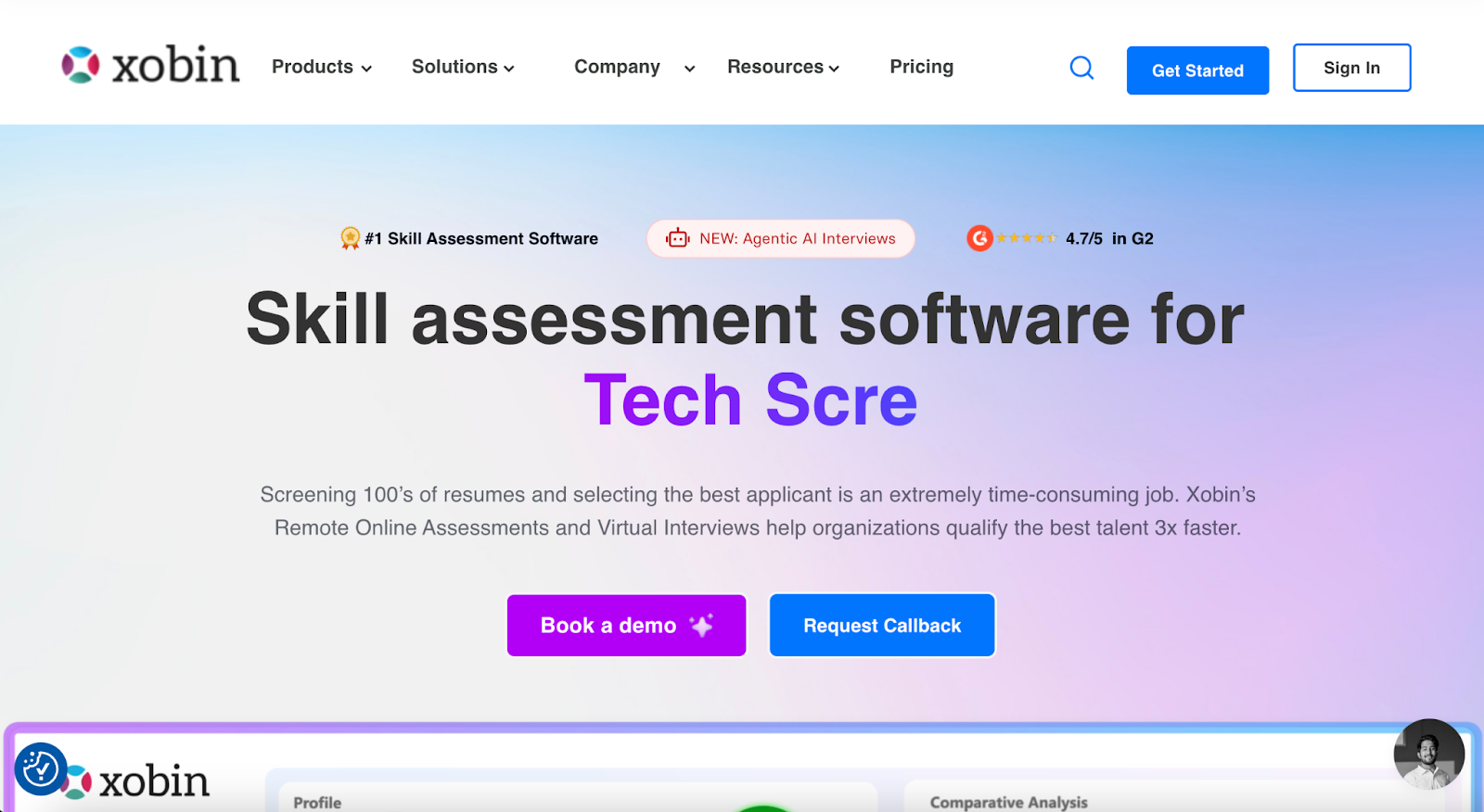 Xobin homepage showcasing skill assessments, coding tests, and more
